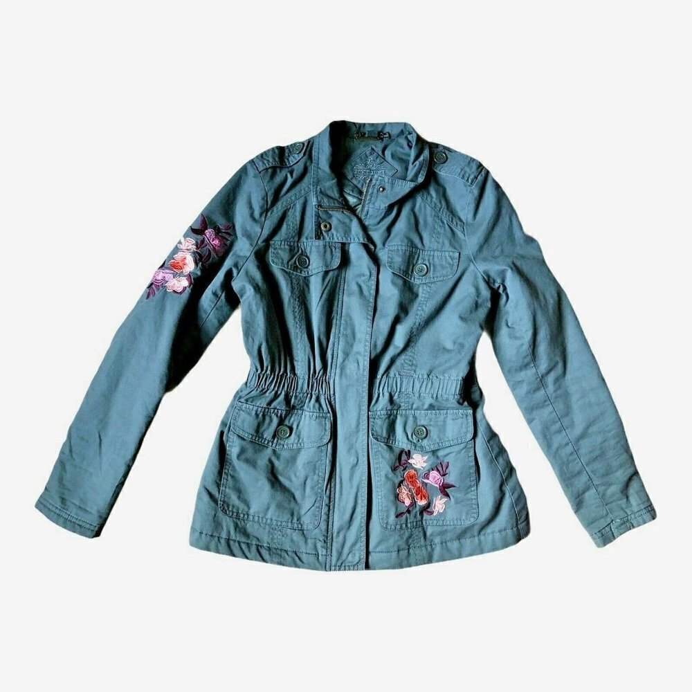Jou Jou Girl Embroidered Flower Green Cargo Jacket